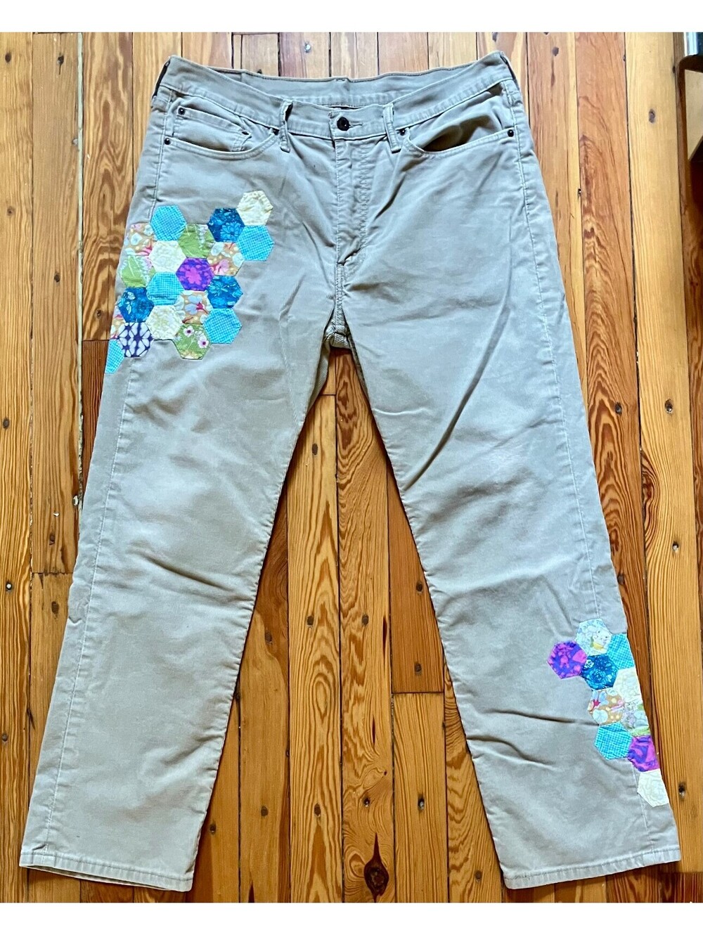 Reworked Levis Cord Trousers Hexagon Quilt Patchwork Quiltcore Cottagecore W36
